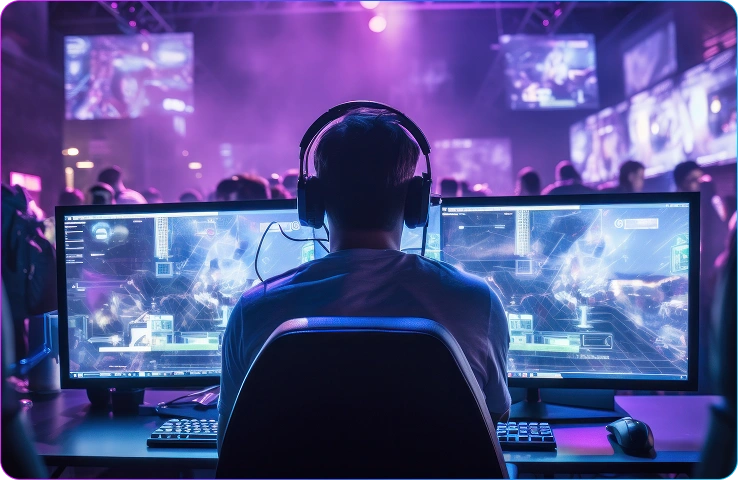 Een gamer met een koptelefoon zit achter een pc met twee beeldschermen tijdens een gamingevenement