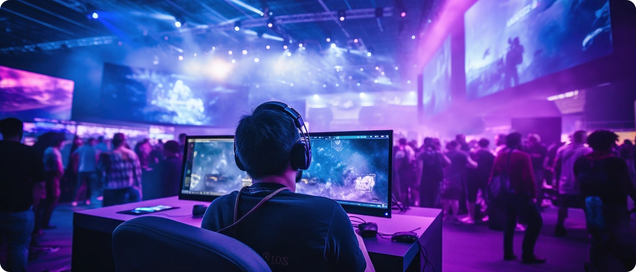 Een gamer met een koptelefoon speelt op een computer op een grote gamebeurs met neonverlichting