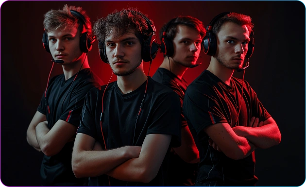 Vier spelers met een headset staan bij elkaar in een donkere studio met rood licht