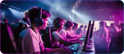 Een aantal spelers met een headset speelt achter computers tijdens een esports-toernooi