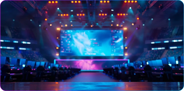 Een groot esports-podium met felle neonlichten en een scherm