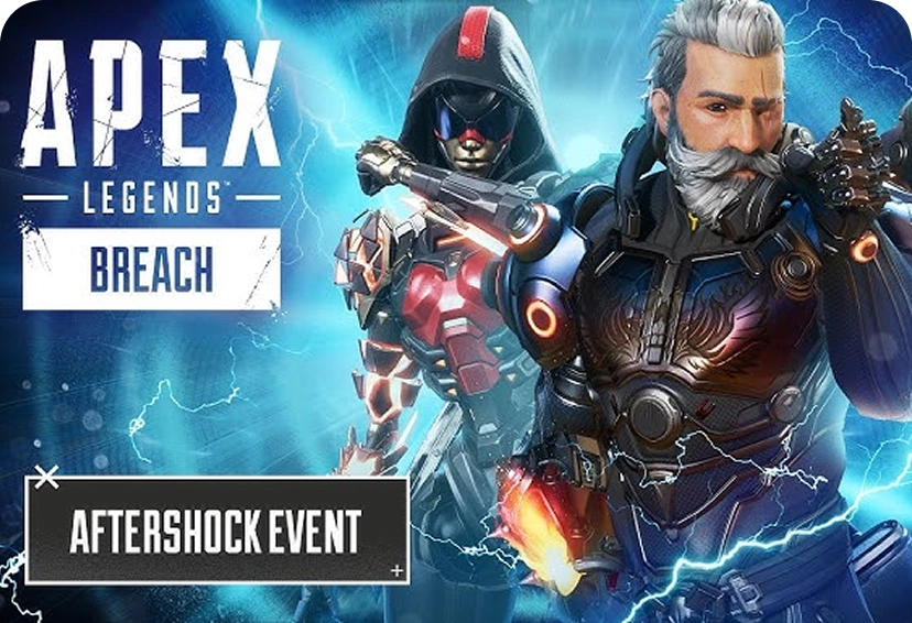 De personages van Apex Legends tegen een achtergrond van bliksemflitsen in de promotiecampagne voor het evenement Aftershock