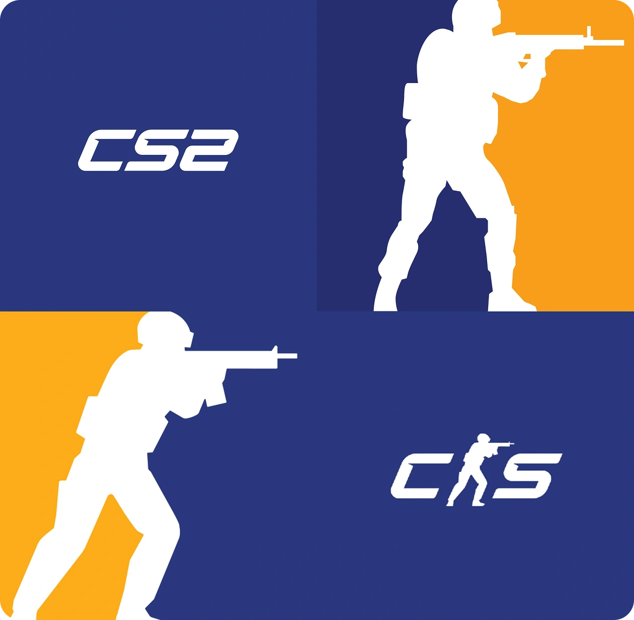 Silhouetten van Counter Strike 2-spelers tegen een blauwe en oranje achtergrond