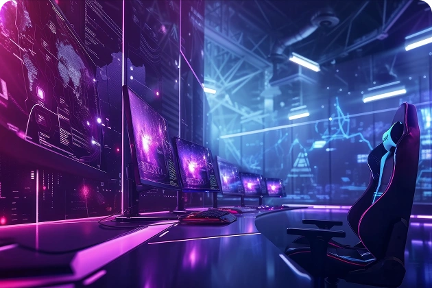 Een rij computers met neonverlichting in een futuristische zaal