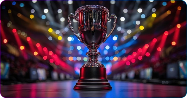 Zilveren trofee op het podium, schitterende lichten van het toernooi