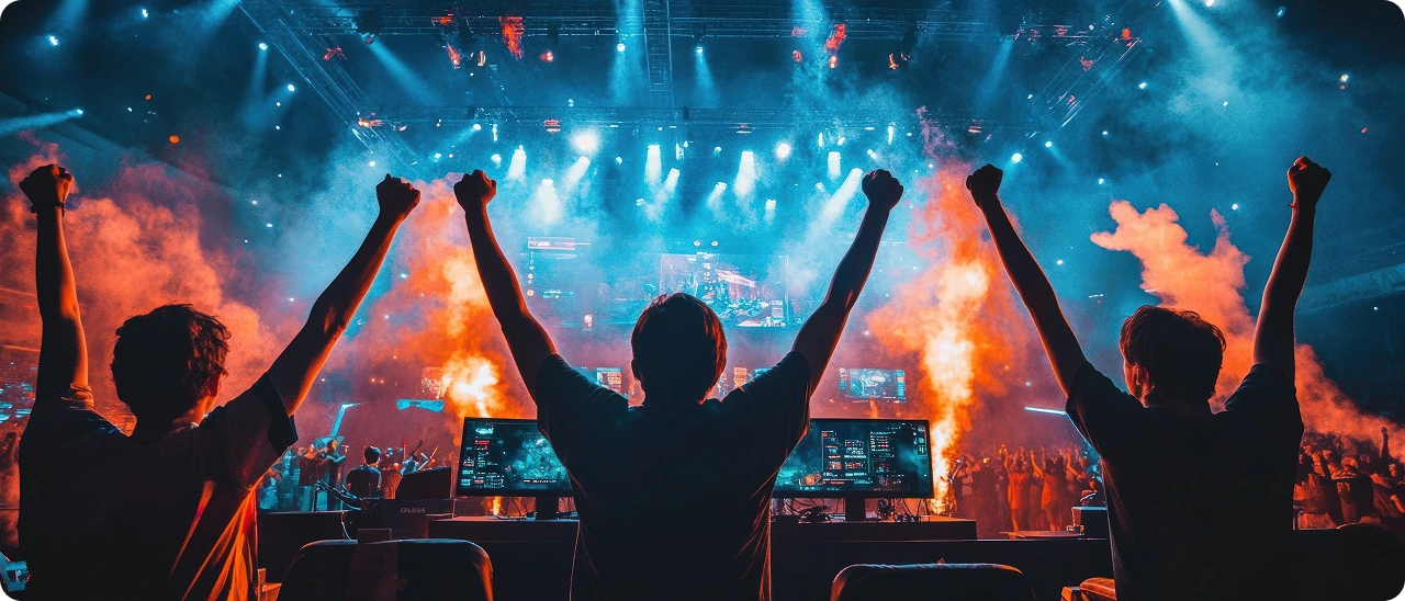 Spelers steken hun handen in de lucht, overwinningsscène, vuur, menigte