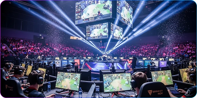 Professionele gamers spelen in een toernooi voor een groot publiek