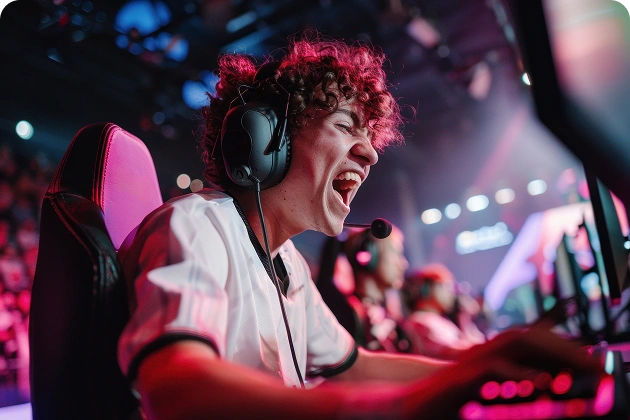 Een speler met een koptelefoon speelt vol emotie achter de computer tijdens een toernooi