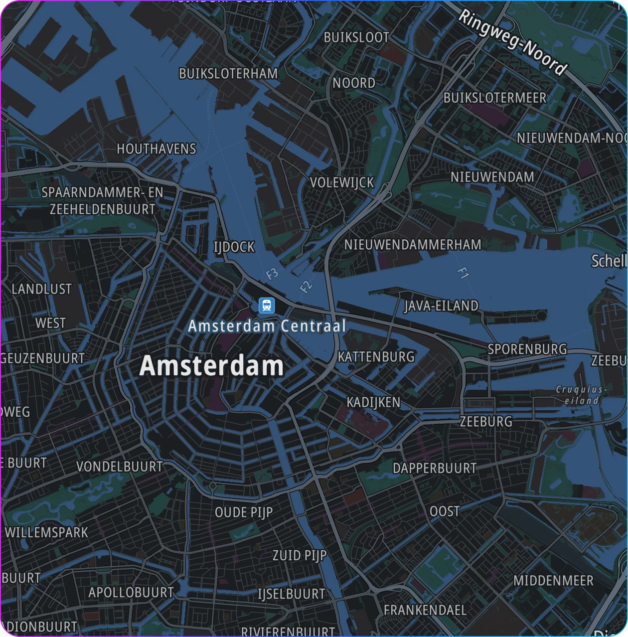 Google-kaart van Amsterdam met wegen en huizen in zwart-wit
