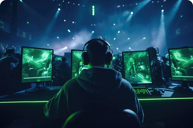 Een gamer met een koptelefoon speelt op een pc tijdens een toernooi